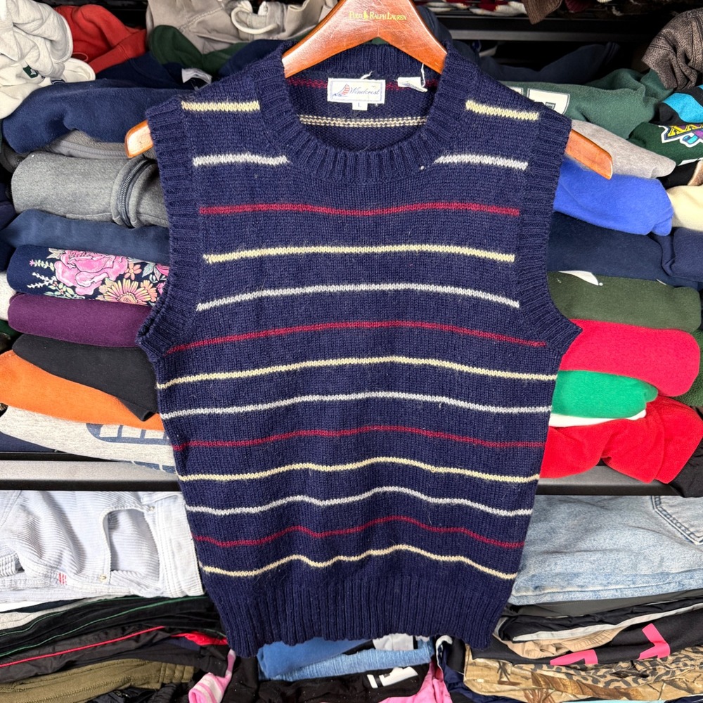 Vintage Windcrest Navy Blue Wool Blend Striped Sweater Vest Women Large Nautical